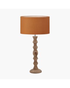 Ayra Natural Modernist Large Turned Wood Table Lamp Base with Henry 40cm Mustard Handloom Cylinder Lampshade