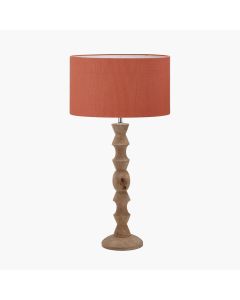 Ayra Natural Modernist Large Turned Wood Table Lamp Base with Henry 40cm Tobacco Handloom Cylinder Lampshade