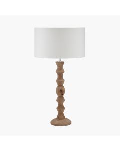 Ayra Natural Modernist Large Turned Wood Table Lamp Base with Henry 40cm White Handloom Cylinder Lampshade
