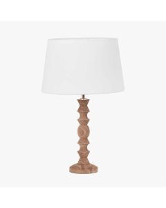 Ayra Natural Modernist Turned Wood Table Lamp Base with Winston 35cm White Handloom Tapered Lampshade