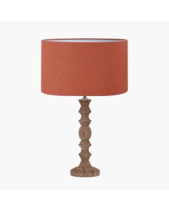 Ayra Natural Modernist Turned Wood Table Lamp Base with Henry 35cm Tobacco Handloom Cylinder Lampshade