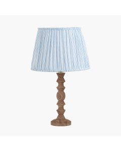 Ayra Natural Modernist Turned Wood Table Lamp Base with Thiago 35cm Ocean Blue Stripe Mushroom Pleat Tapered Lampshade