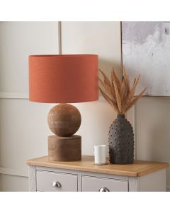 Ziva Antique Brown Round Wood Table Lamp Base with Lino 45cm Cinnamon Self Lined Linen Cylinder Lampshade