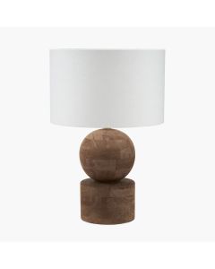 Ziva Antique Brown Round Wood Table Lamp Base with Lino 45cm White Self Lined Linen Cylinder Lampshade