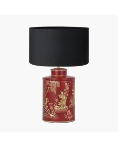 Landscape Red Hand Painted Metal Table Lamp Base with Harry 35cm Black Cotton Mix Cylinder Lampshade
