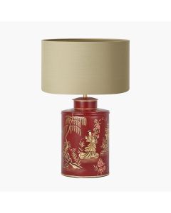 Landscape Red Hand Painted Metal Table Lamp Base with Harry 35cm Taupe Cotton Mix Cylinder Lampshade