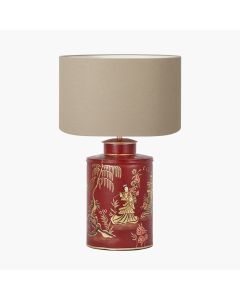 Landscape Red Hand Painted Metal Table Lamp Base with Henry 35cm Taupe Handloom Cylinder Lampshade