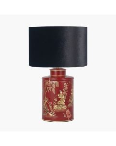 Landscape Red Hand Painted Metal Table Lamp Base with Bow 35cm Black Velvet Cylinder Lampshade