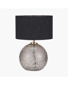 Camille Smoke Grey Circle Design Handcut Glass Table Lamp Base with Stellan 30cm Black Slubbed Silk Mix Gold Lined Cylinder Lampshade