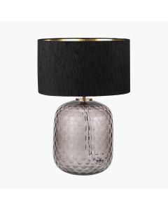 Camille Large Smoke Grey Circle Design Handcut Glass Table Lamp Base with Stellan 35cm Black Slubbed  Silk Mix Gold Lined Cylinder Lampshade