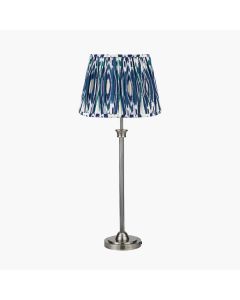 Salvatore Antique Silver Metal Table Lamp Base with Izara 35cm Ocean Blue Ikat Patterned Mushroom Pleat Tapered Lampshade