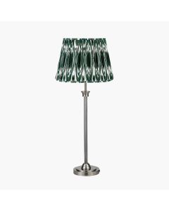 Salvatore Antique Silver Metal Table Lamp Base with Izara 35cm Racing Green Ikat Patterned Mushroom Pleat Tapered Lampshade