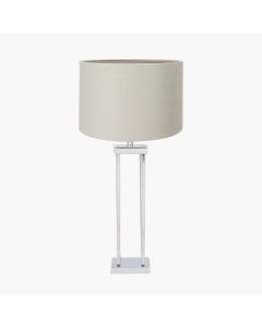 Langston Nickel Metal Column Table Lamp Base with Lino 40cm Grey Self Lined Linen Cylinder Lampshade
