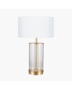 Westwood Clear Glass and Champagne Metal Table Lamp with Harry 35cm Ivory Poly Cotton Cylinder Drum Shade