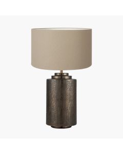 Zuri Large Antique Brass Metal Pot Table Lamp Base with Henry 45cm Taupe Handloom Cylinder Lampshade