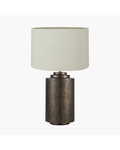 Zuri Large Antique Brass Metal Pot Table Lamp Base with Lino 45cm Cream Self Lined Linen Cylinder Lampshade