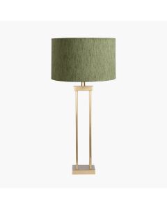 Langston Satin Brass Metal Column Table Lamp Base with Stellan 40cm Green Slubbed Silk Mix Gold Lined Cylinder Lampshade