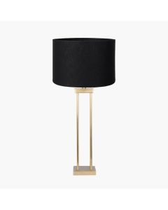 Langston Satin Brass Metal Column Table Lamp Base with Lino 40cm Black Self Lined Linen Cylinder Lampshade