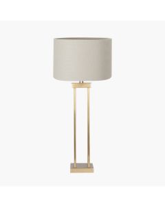 Langston Satin Brass Metal Column Table Lamp Base with Lino 40cm Grey Self Lined Linen Cylinder Lampshade