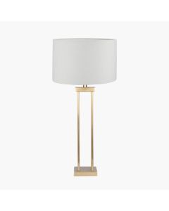 Langston Satin Brass Metal Column Table Lamp Base with Lino 40cm White Self Lined Linen Cylinder Lampshade