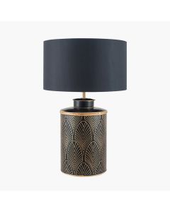 Deco Black Geo Art Deco Hand Painted Table Lamp Base with Harry 40cm Black Cotton Mix Cylinder Lampshade