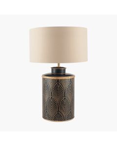 Deco Black Geo Art Deco Hand Painted Table Lamp Base with Harry 40cm Taupe Cotton Mix Cylinder Lampshade