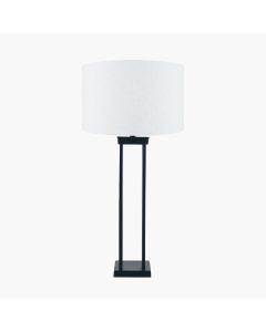 Langston Matt Black Metal Column Table Lamp Base with Lino 40cm White Self Lined Linen Cylinder Lampshade