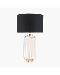Dania French Gold Metal Wire Tall Table Lamp Base with Lino 40cm Black Self Lined Linen Cylinder Lampshade