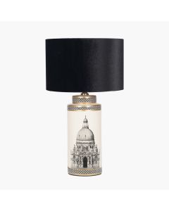 Wren Black and Cream Building Print Tall Ceramic Table Lamp Base with Bow 35cm Black Velvet Cylinder Lampshade