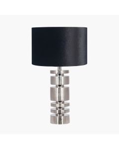 Elon Silver Metal Stacked Cylinder Table Lamp Base with Bow 35cm Black Velvet Cylinder Lampshade