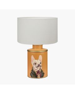 Boston Terrier Mustard Hand Painted Metal Table Lamp Base with Henry 35cm White Handloom Cylinder Lampshade