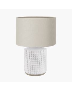 Malone Textured White Squares Design Stoneware Table Lamp Base with Lino 35cm Grey Self Lined Linen Cylinder Lampshade