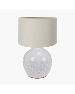 Willow White Leaf Detail Stoneware Table Lamp Base with Lino 40cm Grey Self Lined Linen Cylinder Lampshade