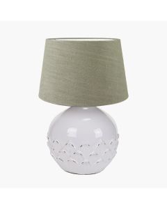 Willow White Leaf Detail Small Stoneware Table Lamp Base with Milos 25cm Pistachio Green Linen Tapered Lampshade