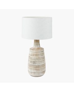 Dambula White Wash Wood Textured Tall Neck Table Lamp Base with Lino 35cm White Self Lined Linen Cylinder Lampshade