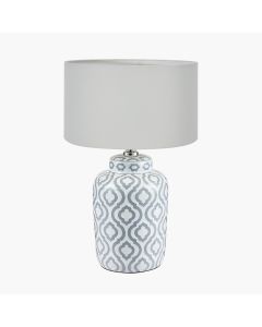 Celia Grey and White Pattern Ceramic Table Lamp Base with Harry 30cm Ivory Cotton Mix Cylinder Lampshade