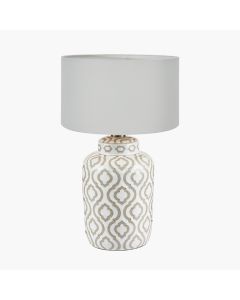 Celia Taupe and White Pattern Ceramic Table Lamp Base with Harry 30cm Ivory Cotton Mix Cylinder Lampshade
