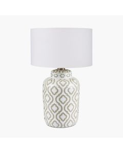 Celia Taupe and White Pattern Ceramic Table Lamp with Harry 30cm Ivory Poly Cotton Cylinder Drum Shade