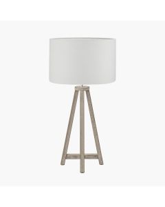 Whitby Grey Wash Wood Tapered 4 Post Table Lamp Base with Lino 35cm White Self Lined Linen Cylinder Lampshade