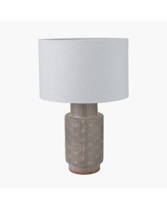 Sidra Grey Stoneware Etch Detail Table Lamp Base with Lino 35cm White Self Lined Linen Cylinder Lampshade