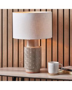 Sidra Grey Stoneware Etch Detail Table Lamp Base with Lino 35cm White Self Lined Linen Cylinder Lampshade