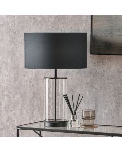 Westwood Clear Glass and Black Metal Table Lamp Base with Harry 35cm Black Cotton Mix Cylinder Lampshade