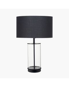 Westwood Clear Glass and Black Metal Table Lamp with Harry 35cm Black Poly Cotton Cylinder Drum Shade