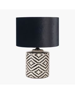 Chirala Black and White Ikat Ceramic Table Lamp Base with Bow 35cm Black Velvet Cylinder Lampshade