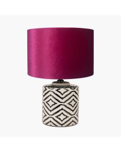 Chirala Black and White Ikat Ceramic Table Lamp Base with Bow 35cm Raspberry Velvet Cylinder Lampshade