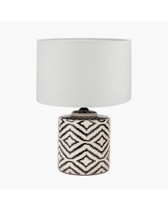 Chirala Black and White Ikat Ceramic Table Lamp Base with Lino 35cm White Self Lined Linen Cylinder Lampshade