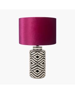 Chirala Black and White Tall Ikat Ceramic Table Lamp Base with Bow 40cm Raspberry Velvet Cylinder Lampshade
