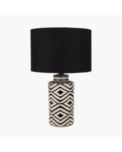 Chirala Black and White Tall Ikat Ceramic Table Lamp Base with Lino 40cm Black Self Lined Linen Cylinder Lampshade