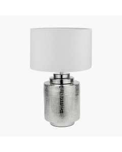 Zuri Shiny Silver Metal Pot Table Lamp Base with Lino 35cm White Self Lined Linen Cylinder Lampshade