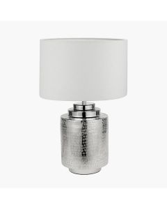 Zuri Shiny Silver Metal Pot Table Lamp Base with Lino 40cm White Self Lined Linen Cylinder Lampshade